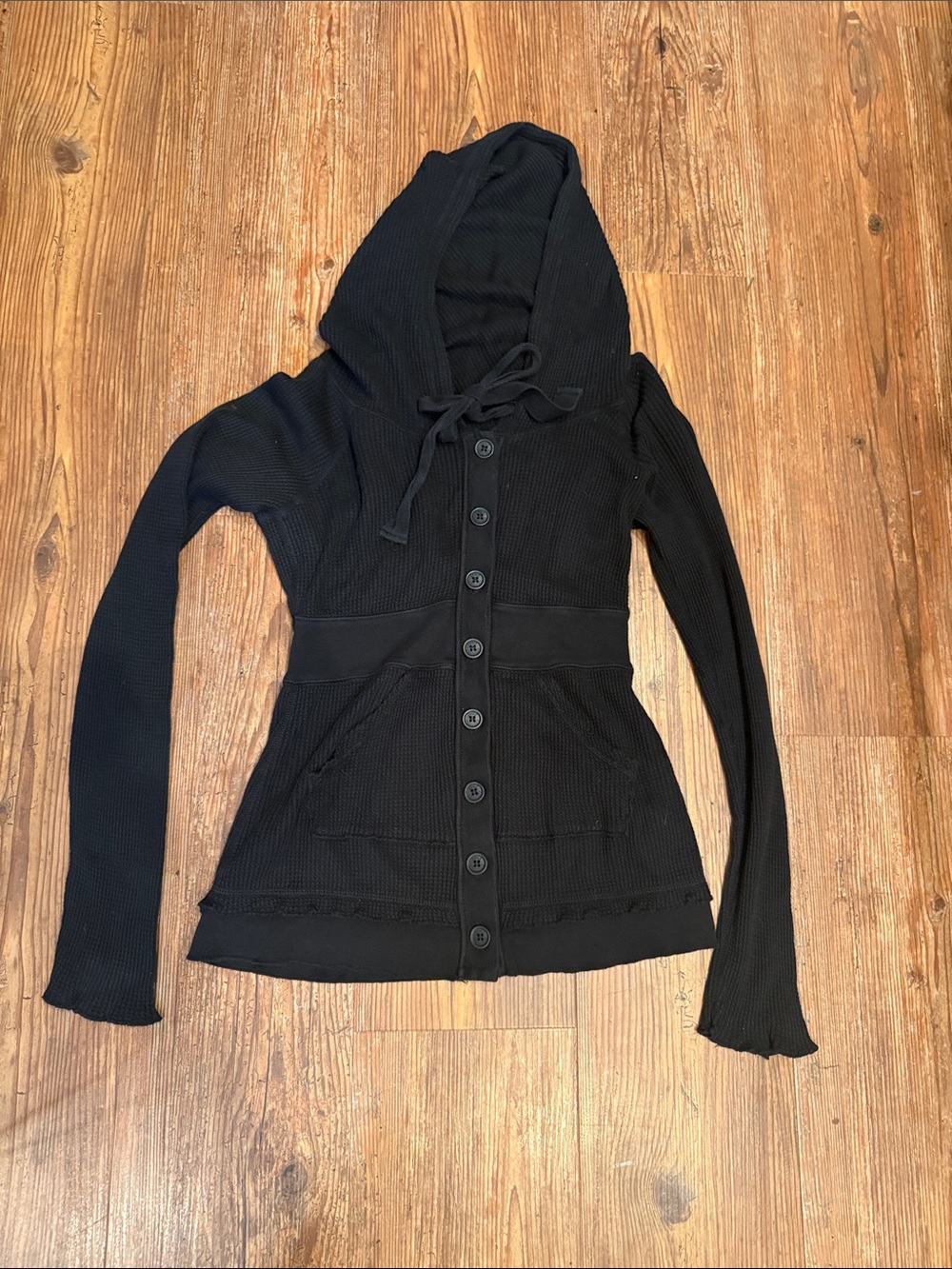 Juicy Couture Hooded Button-Front Women's Cardigan small USA BLACK WAFFLE SMALL